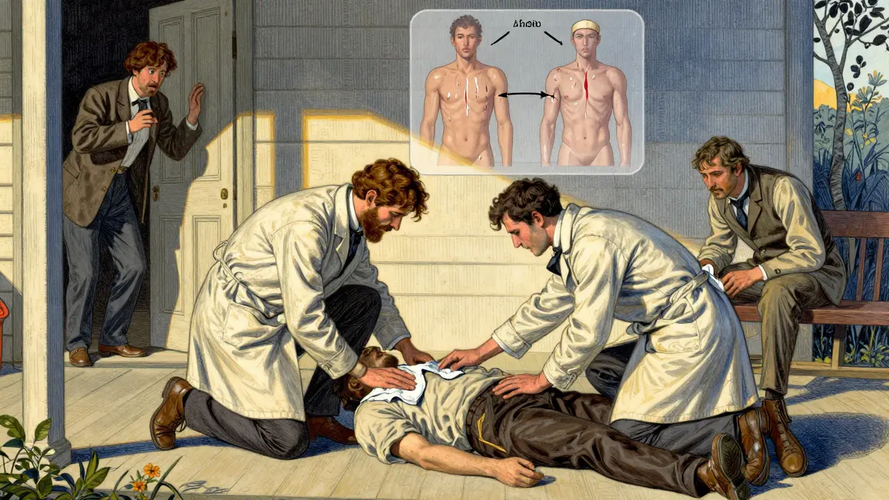 Medical team caring for collapsed patient on porch, symbolic diagram of blocked sweating above.