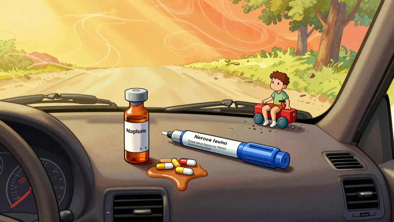 Medications melting on a hot car dashboard under blazing sun, showing dangerous exposure to high temperatures.