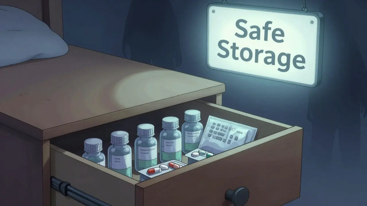 Medications safely stored in a cool, dark bedroom drawer with silica packets, protected from heat and moisture.