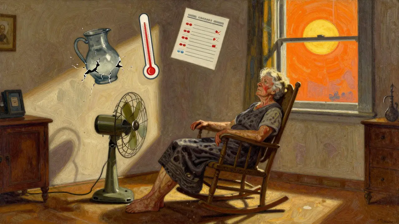 Older woman in dim room during heatwave, dry skin, floating medical symbols around her.