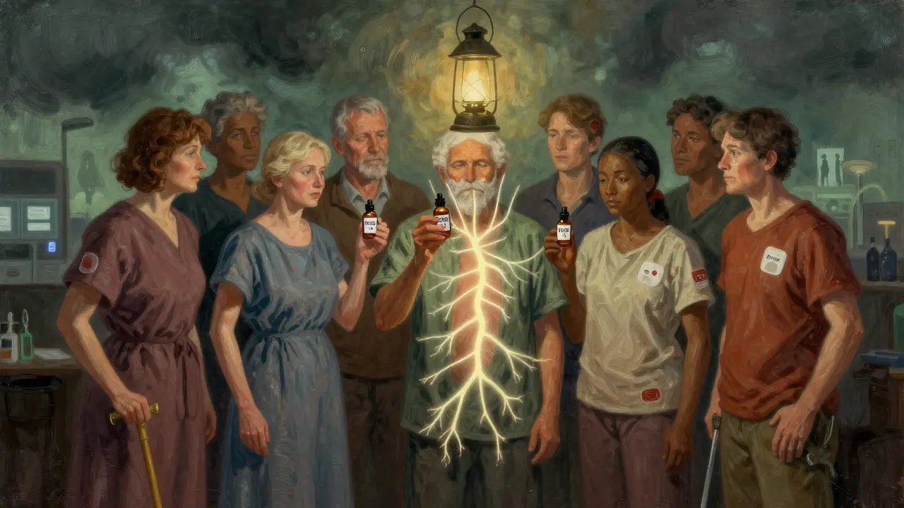 Patients hold THC:CBD oil as a glowing nerve pathway connects them, symbolizing pain relief.