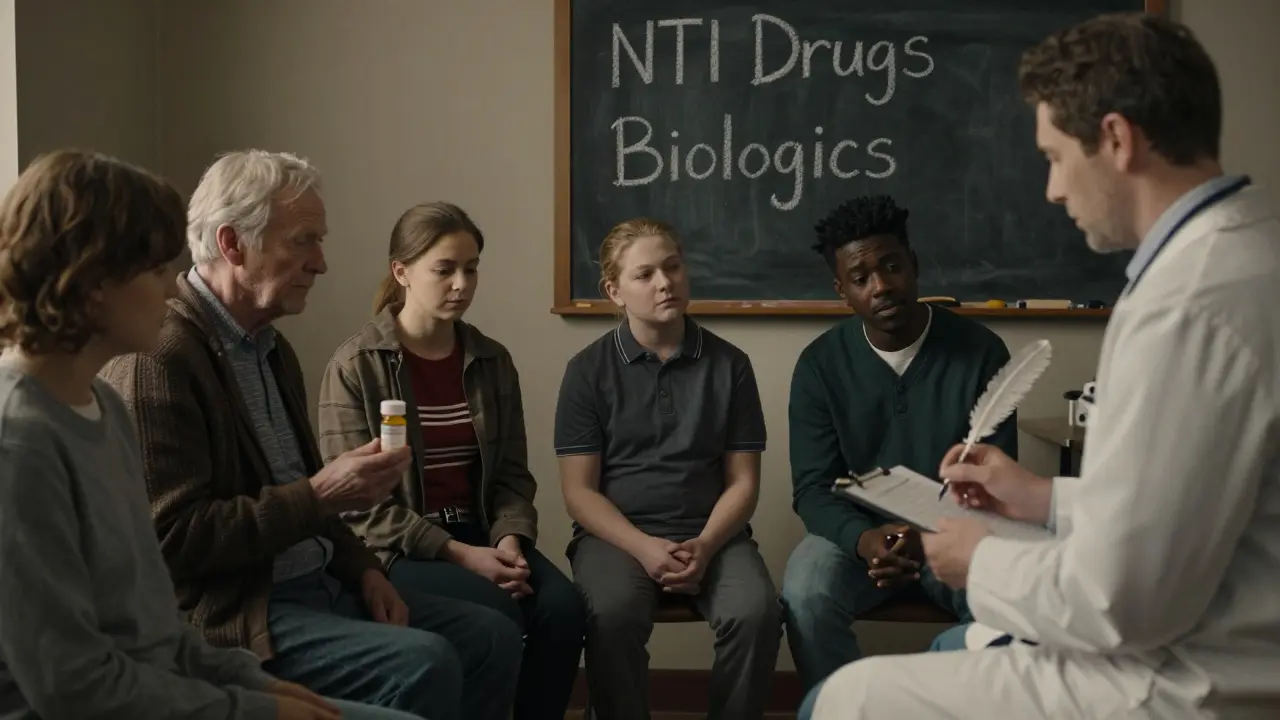 Patients in a waiting room hold prescriptions as a doctor signs a form, with 'NTI Drugs' written on a chalkboard behind them.