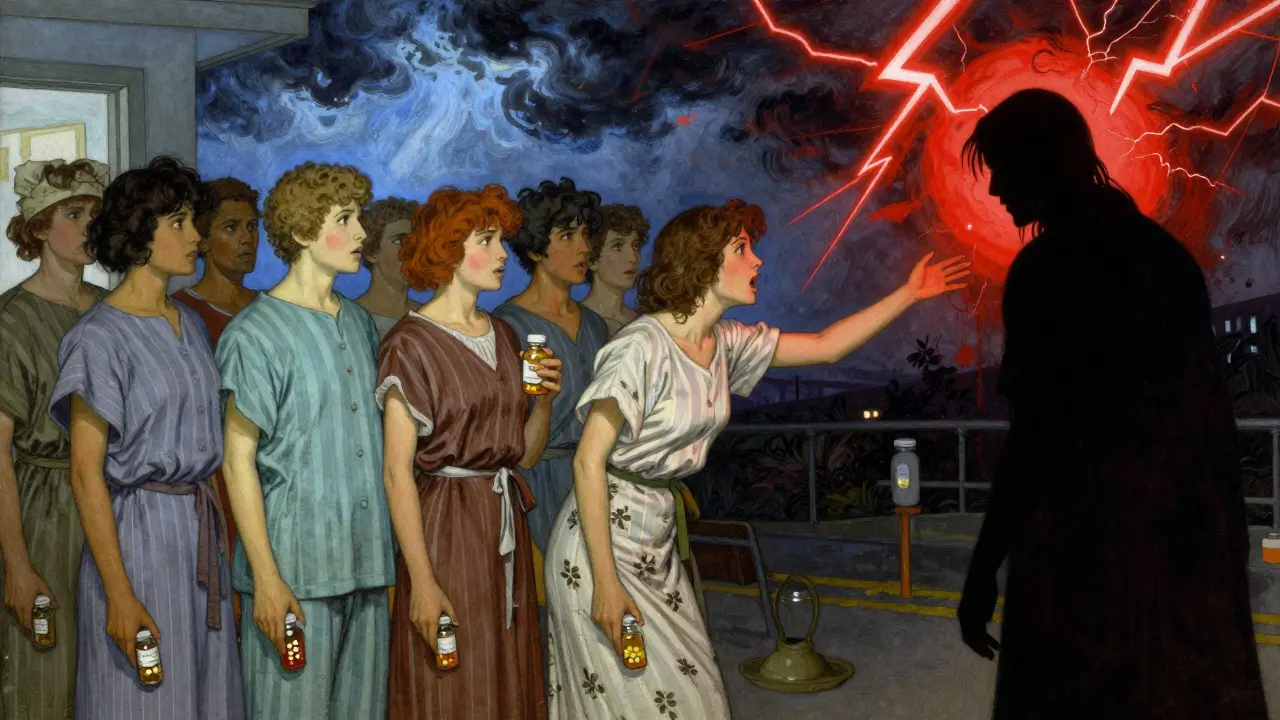 Patients in line with pill bottles under a split sky of calm and chaos, one reaching for their past self.