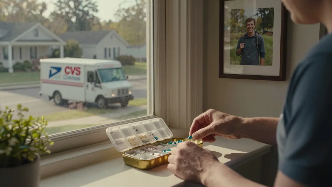 Person organizing pills at home with mail-order pharmacy truck outside