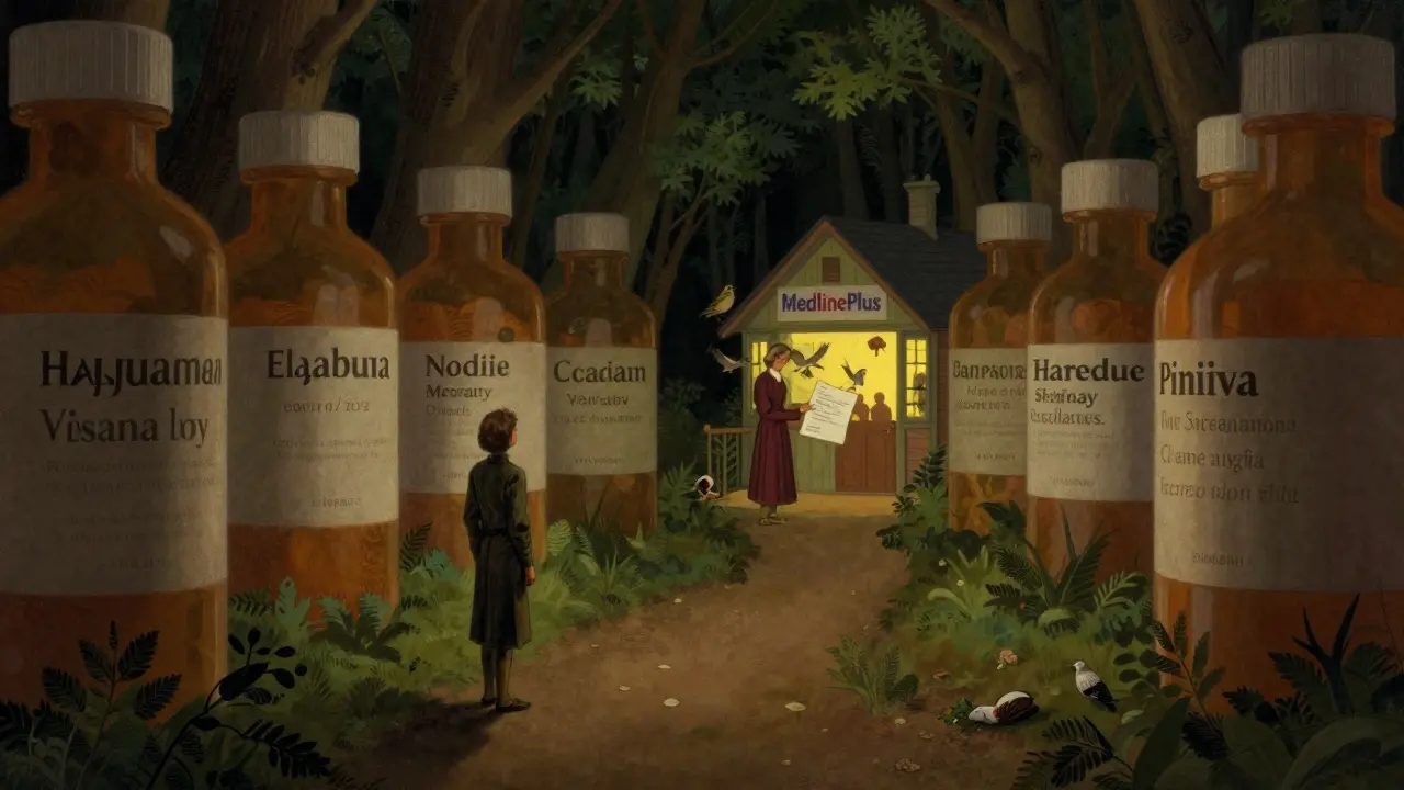 Person walking toward a safe cottage labeled MedlinePlus, away from towering drug bottles.