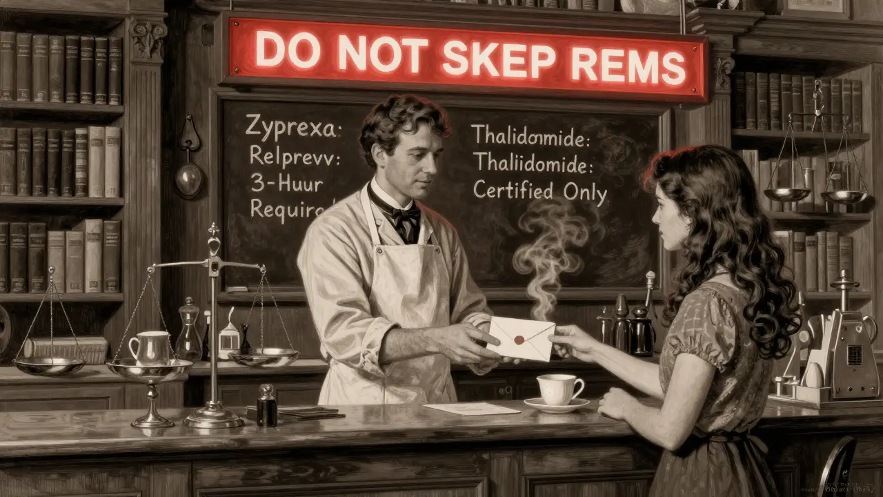 Pharmacist handing REMS envelope to patient, chalkboard lists drug requirements, vintage pharmacy interior with warm lighting.
