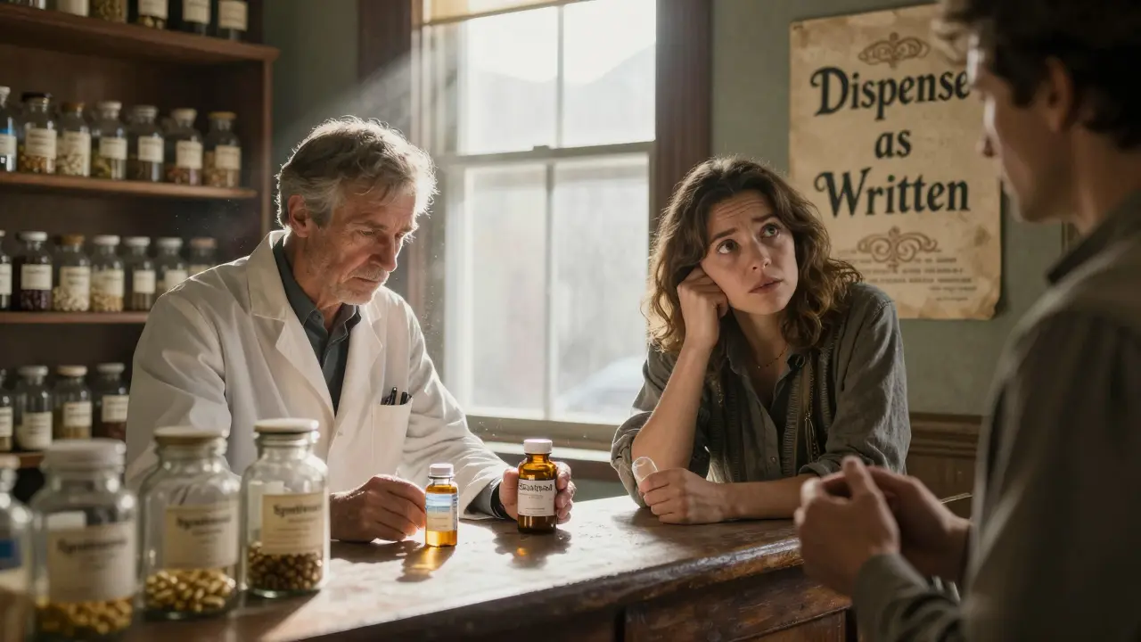 Pharmacist hesitates between brand and generic pills in an old-fashioned apothecary, sunlight streaming through windows.