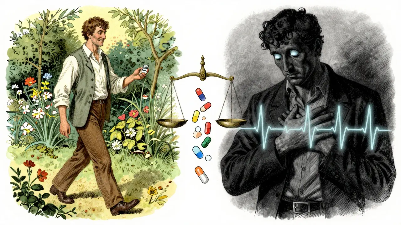 Split illustration: one side shows a man walking happily with nortriptyline, the other shows him in shadow with a dangerous heart rhythm.