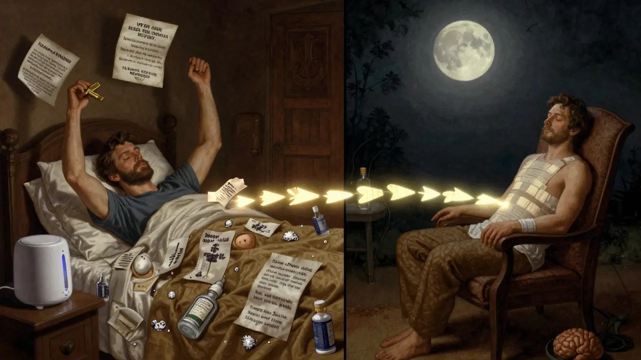 Split scene: failed sleep habits on one side, calm recovery on the other under moonlight.