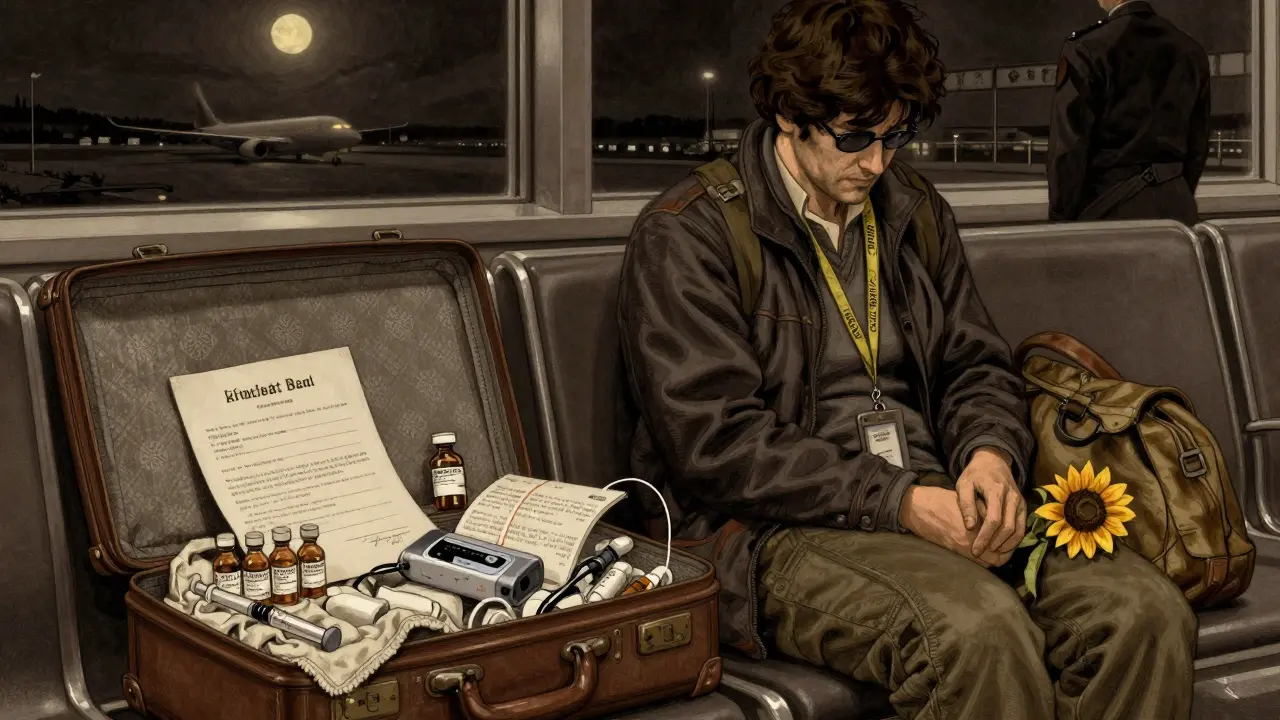 Traveler in airport lounge with insulin pump and translated documents, sunflower lanyard visible, night lighting.