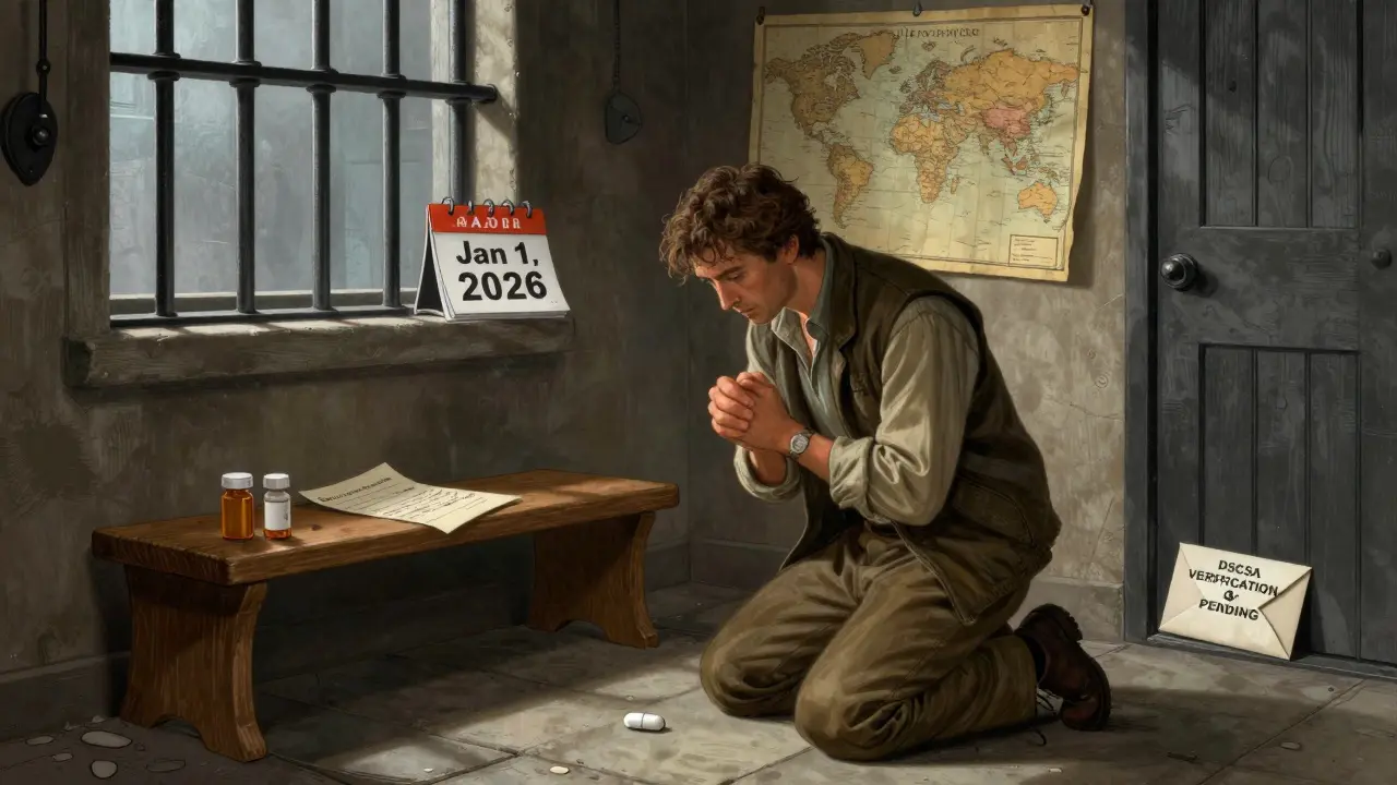 Traveler in jail cell staring at unlabeled pill, doctor's papers nearby, calendar showing 2026, barred window.