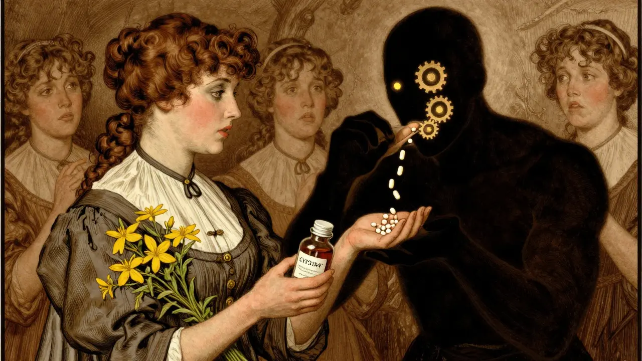 Woman holding St. John’s wort as a liver with gears consumes birth control pills, dramatic 19th-century illustration style.