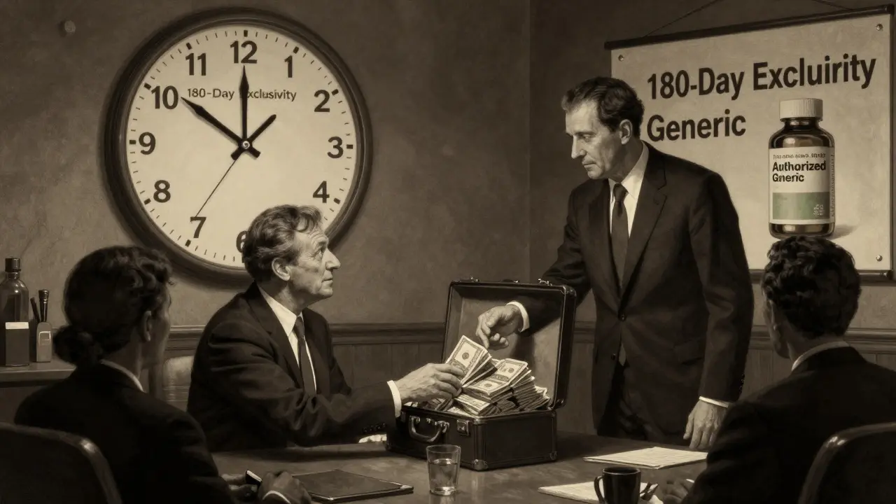 A brand company executive offers cash to a generic CEO while an 'Authorized Generic' bottle is stamped nearby.