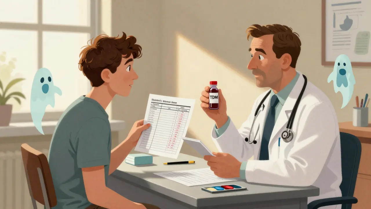 A doctor and patient reviewing a blood sample and symptom log in a clinic, with subtle side effect silhouettes surrounding the patient.