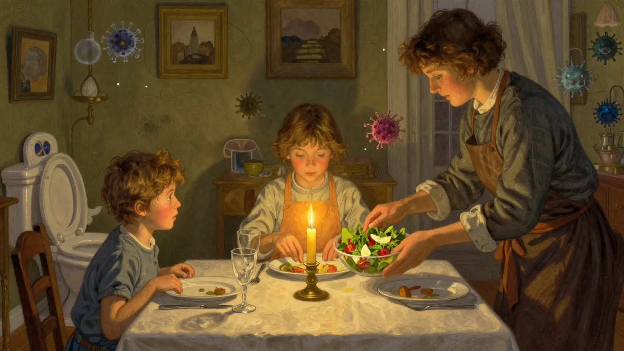 A family unknowingly spreading hepatitis A through poor hand hygiene at dinner.