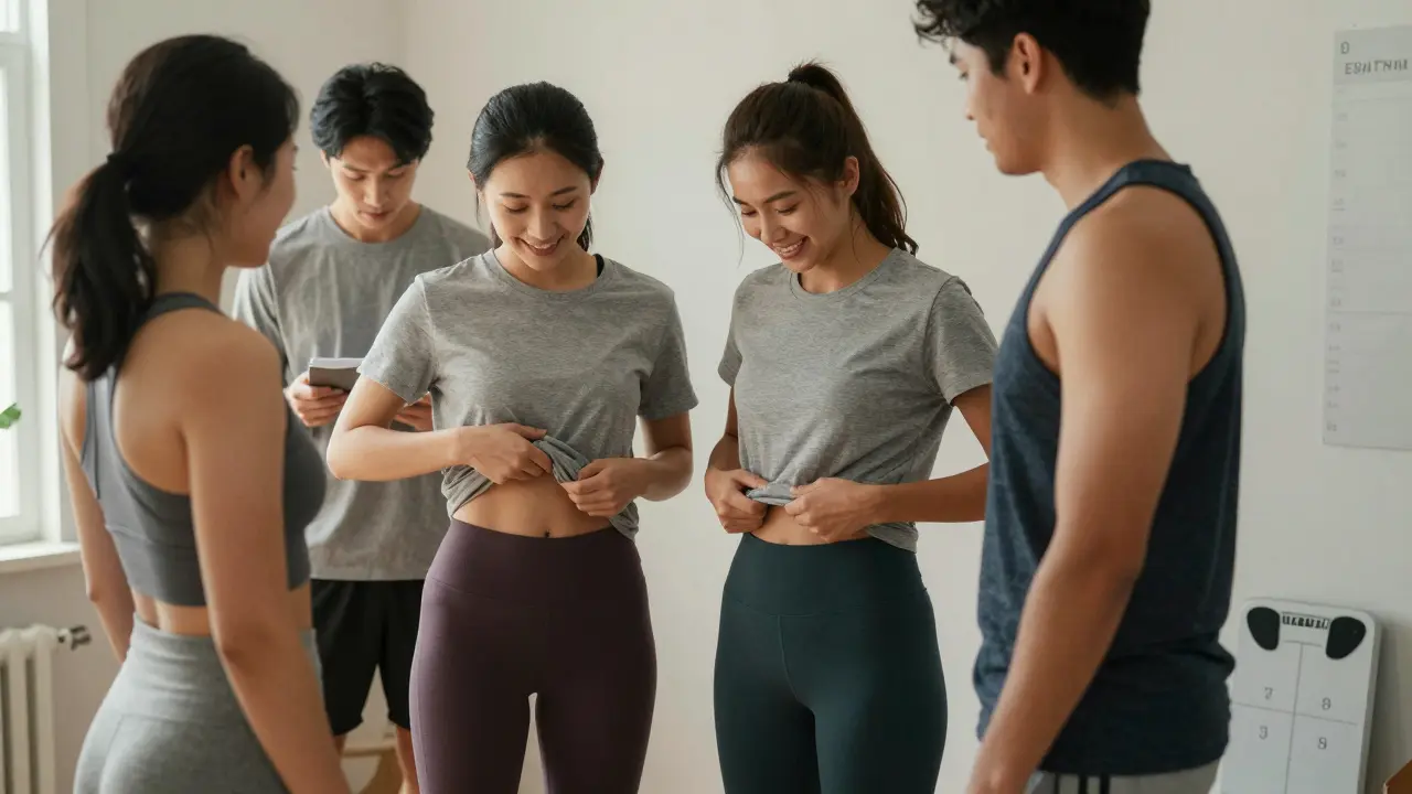 A group of people in front of a mirror, one adjusting her shirt to reveal progress, another checking workout notes, while a scale shows no change.