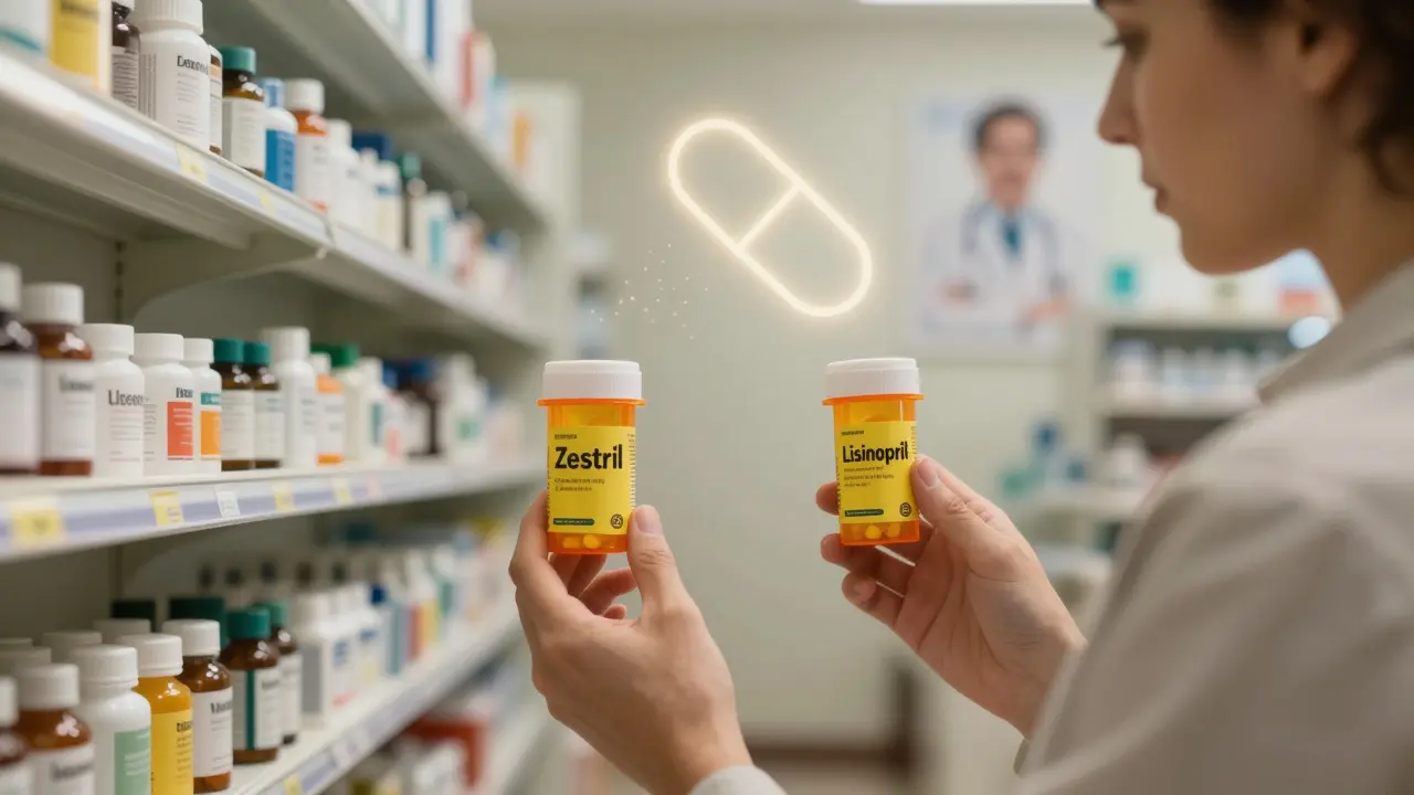 A patient hesitating between two identical pill bottles labeled differently in a sunlit pharmacy aisle.