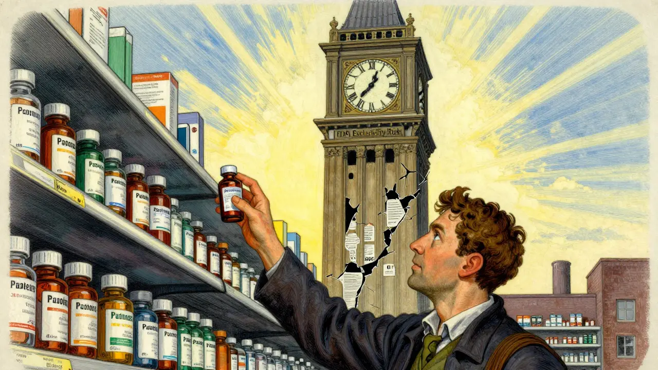 A patient reaches for insulin as a crumbling exclusivity clock tower reveals hidden corporate deals behind it.