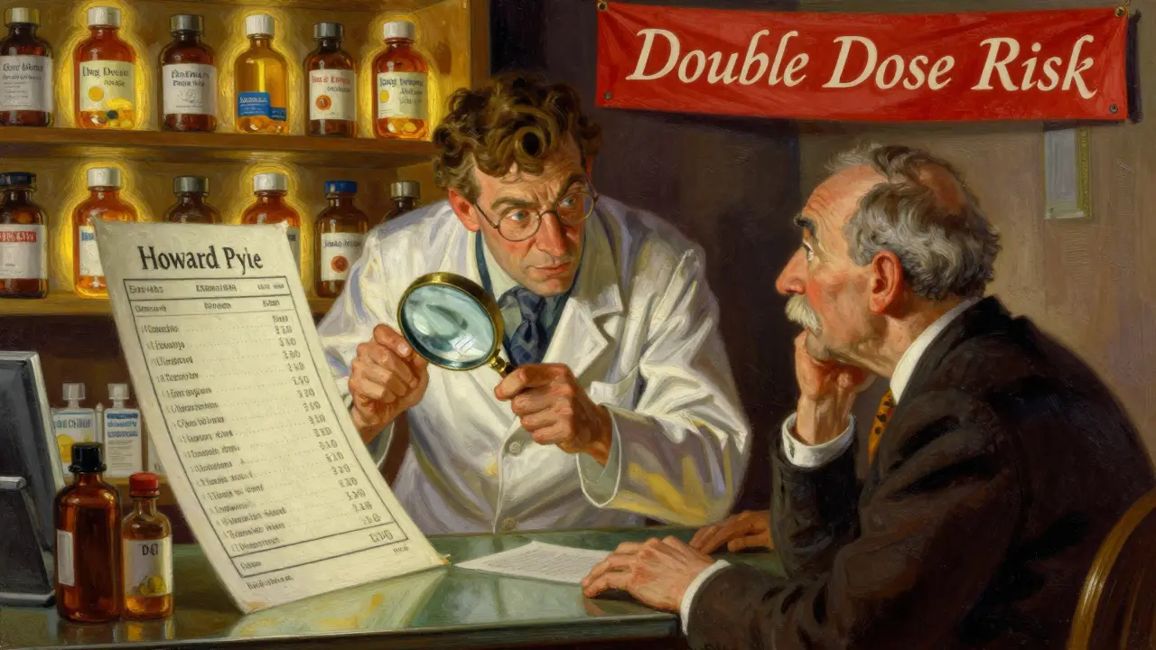 A pharmacist using a magnifying glass to examine a drug label while warning a patient about duplicate ingredients.