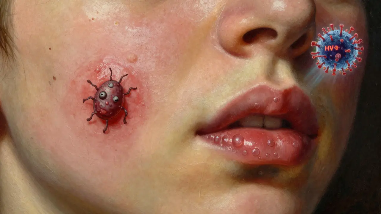 A pimple and cold sore side by side, each with their microbial causes illustrated in stylized detail.