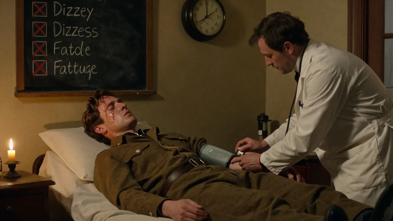 A soldier receives medication adjustment from a doctor at night, with symptoms marked on a chalkboard.