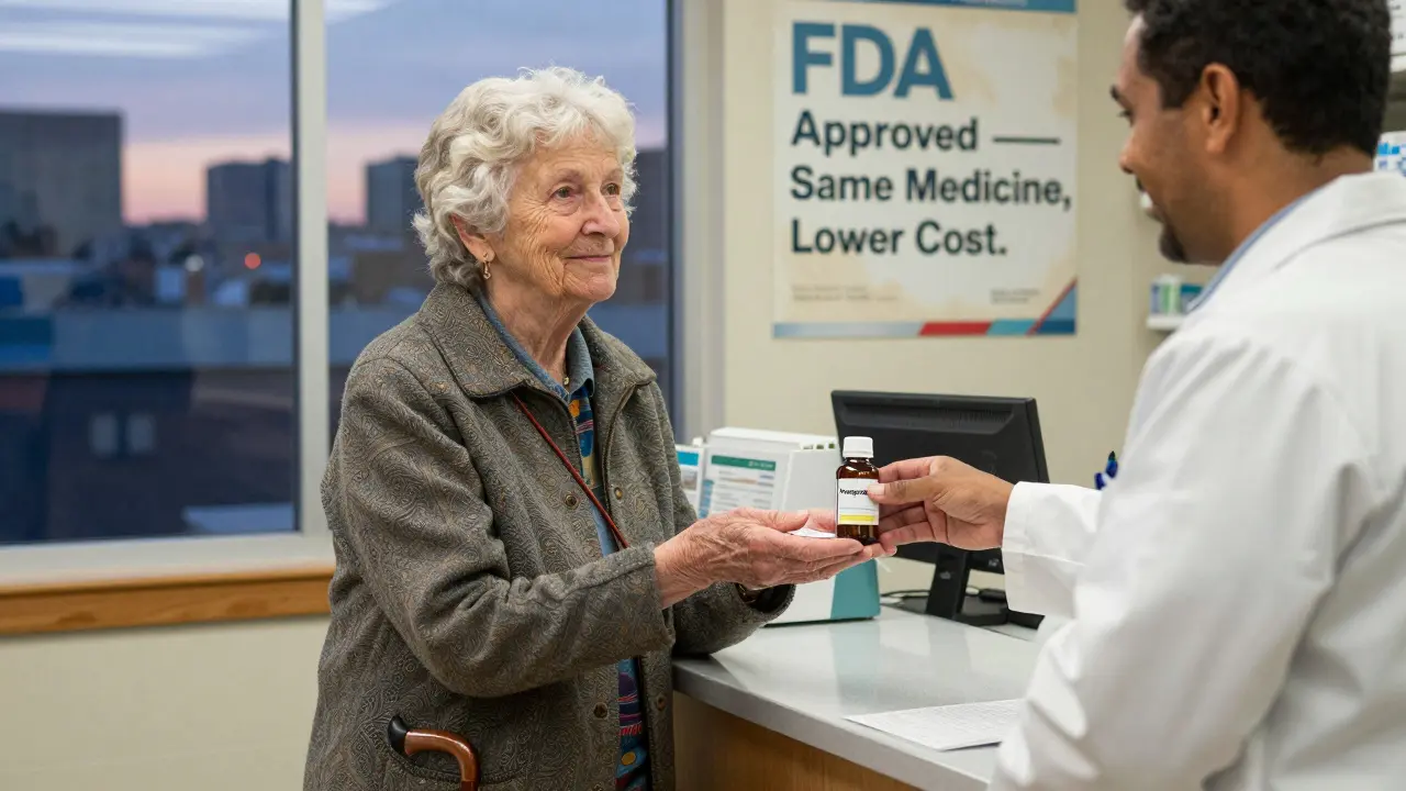 An elderly woman receives a low-cost generic pill bottle at the pharmacy, smiling with quiet relief.