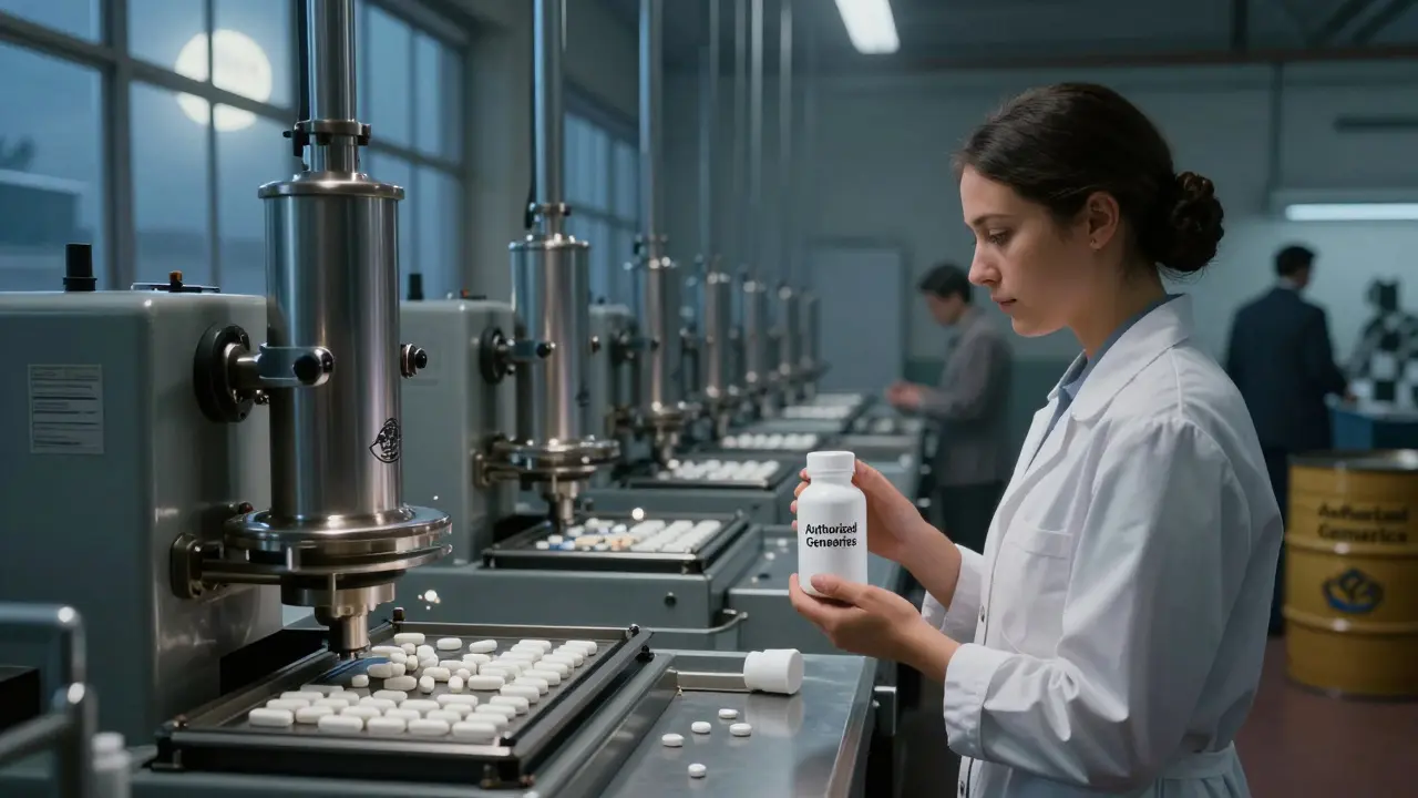 An old-fashioned pill factory where machines produce identical tablets, some with brand labels, others plain.