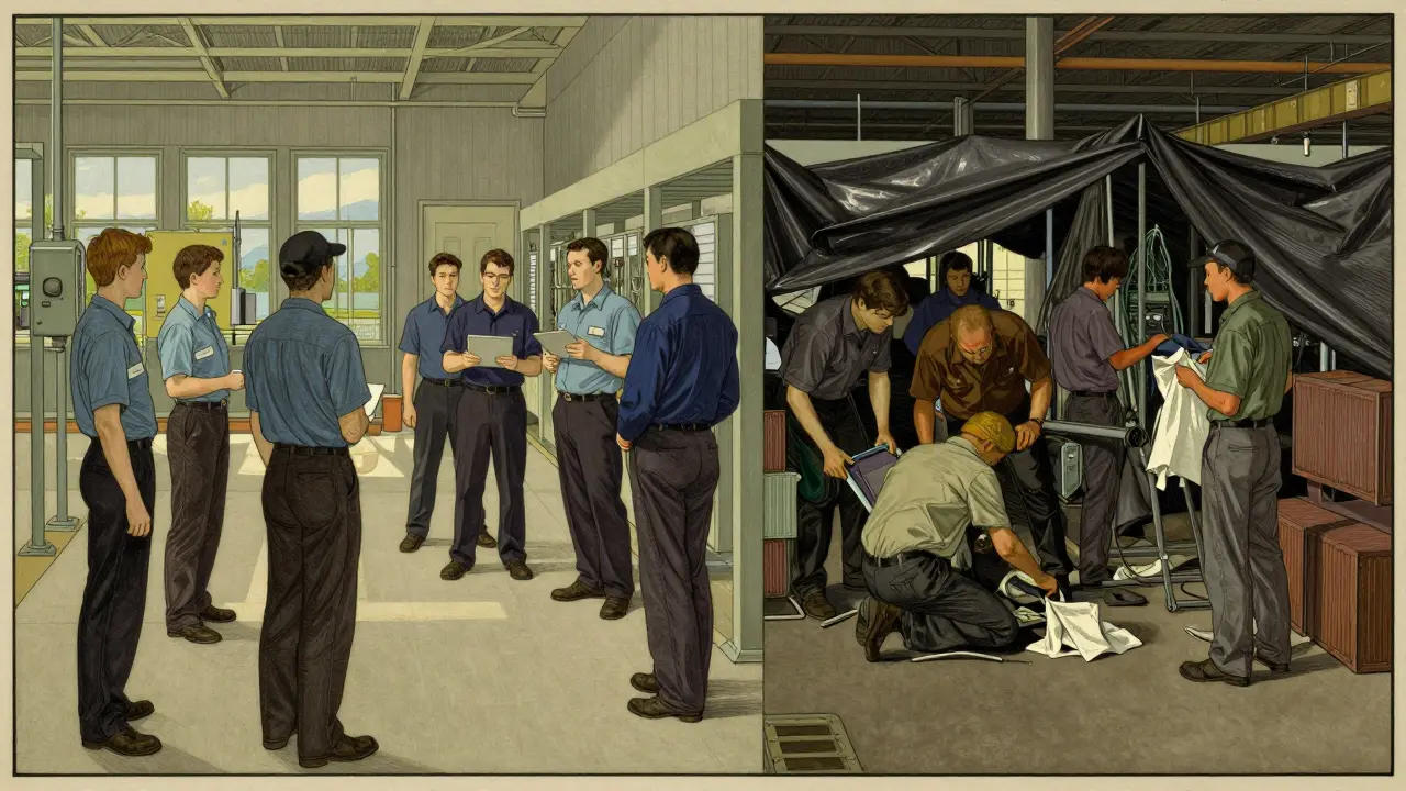 Contrast between calm domestic and chaotic foreign facility during FDA inspection.