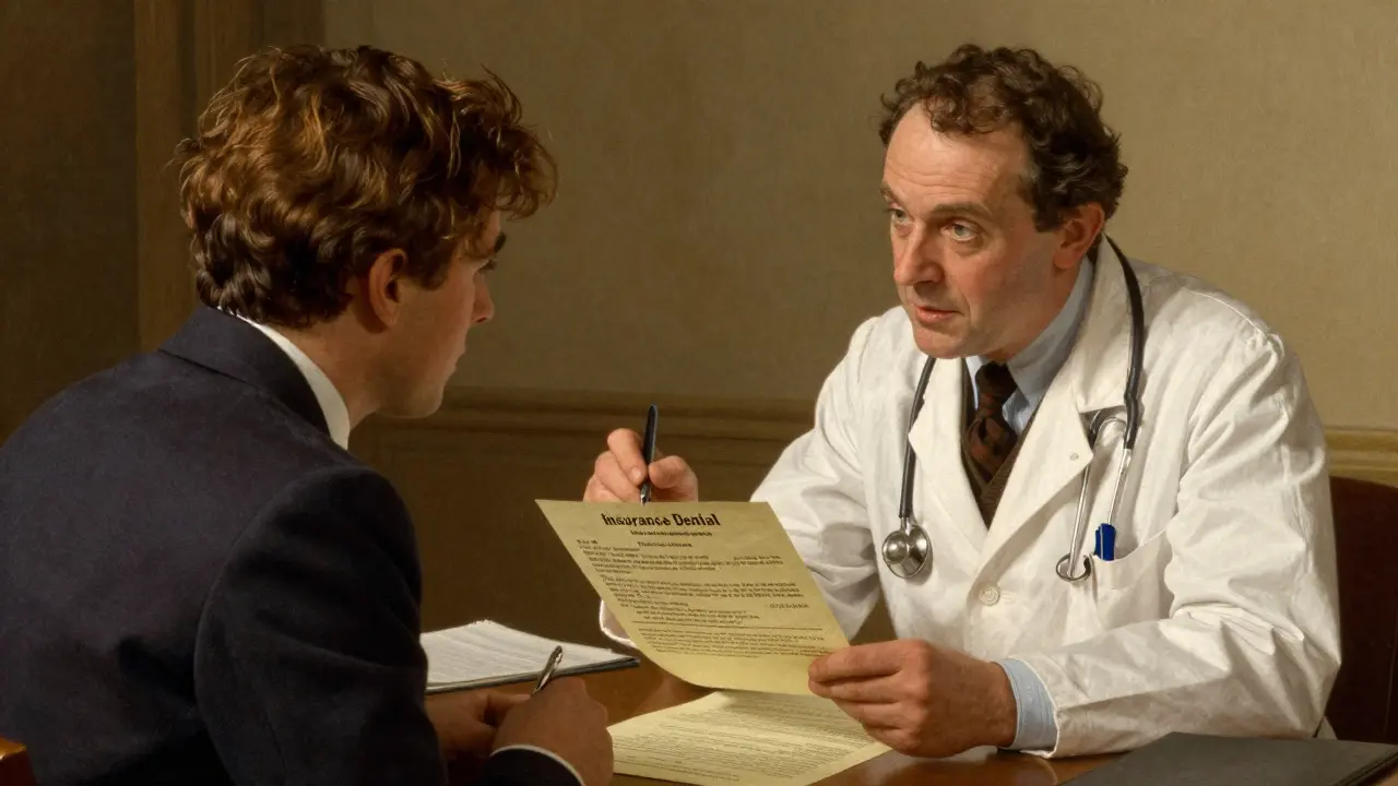 Doctor and patient working on insurance appeal with medical documents.