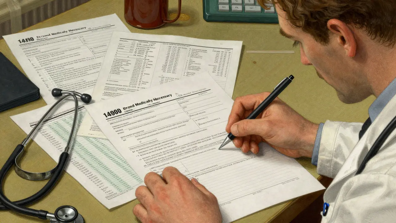 Doctor filling out medical form with lab results on desk.