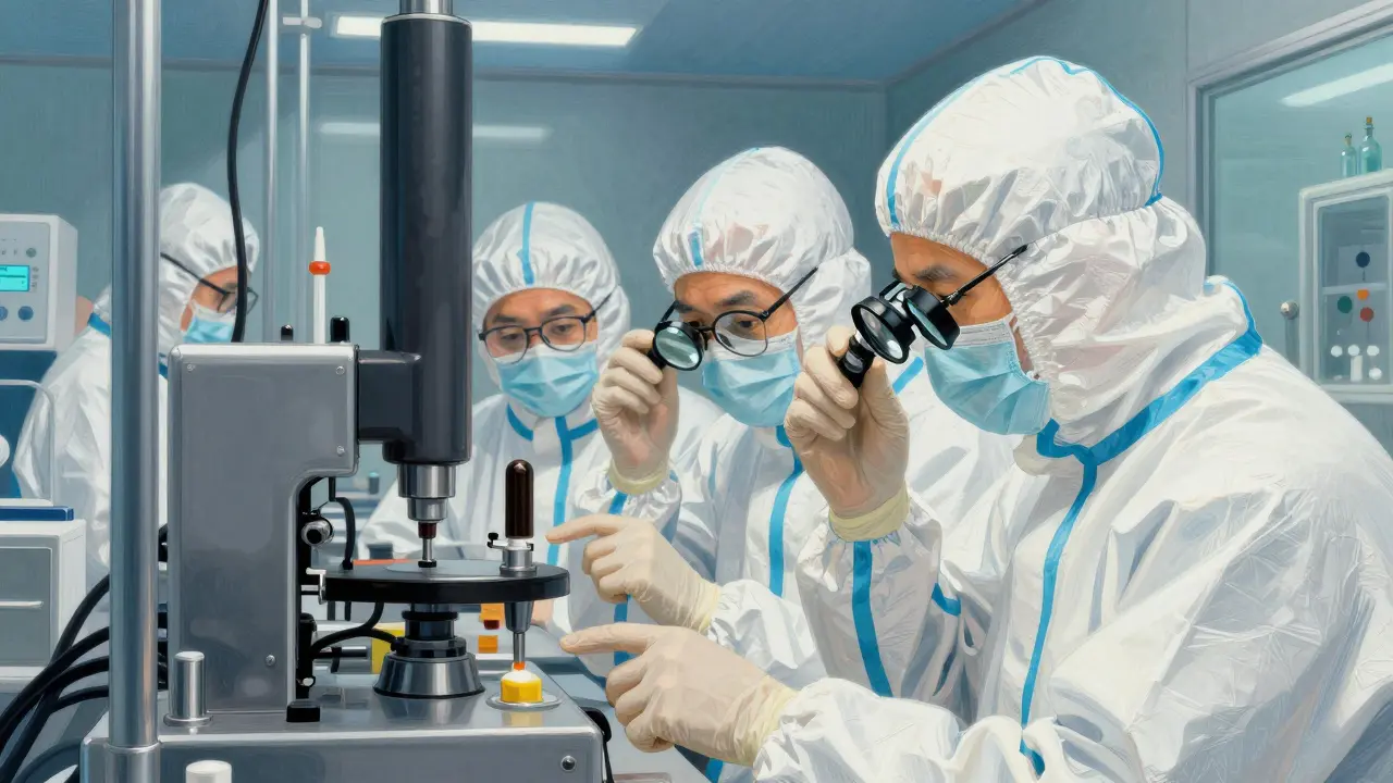 Inspectors in cleanroom examining pharmaceutical equipment during surprise check.
