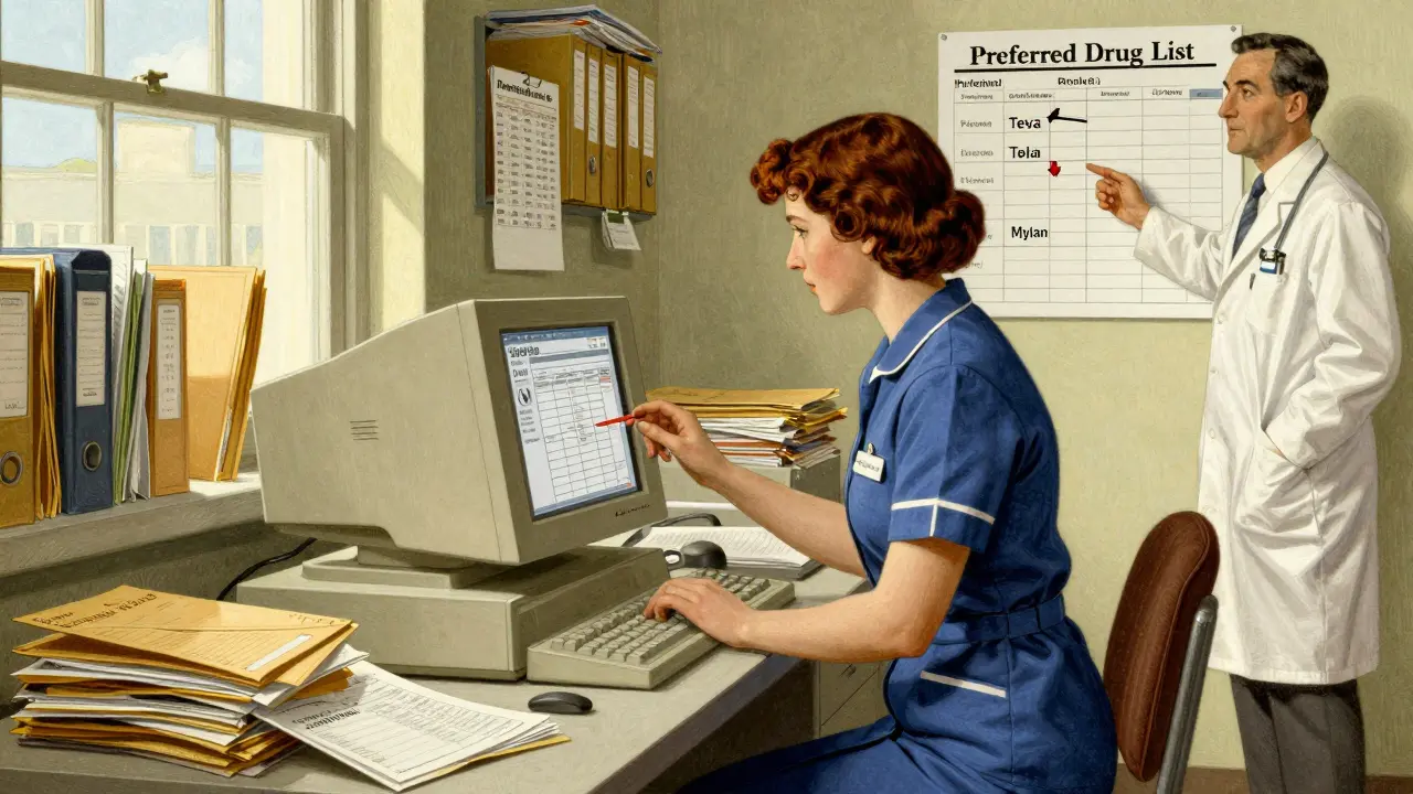 Medical assistant filing prior authorization requests with a checklist and preferred drug list visible on the wall.