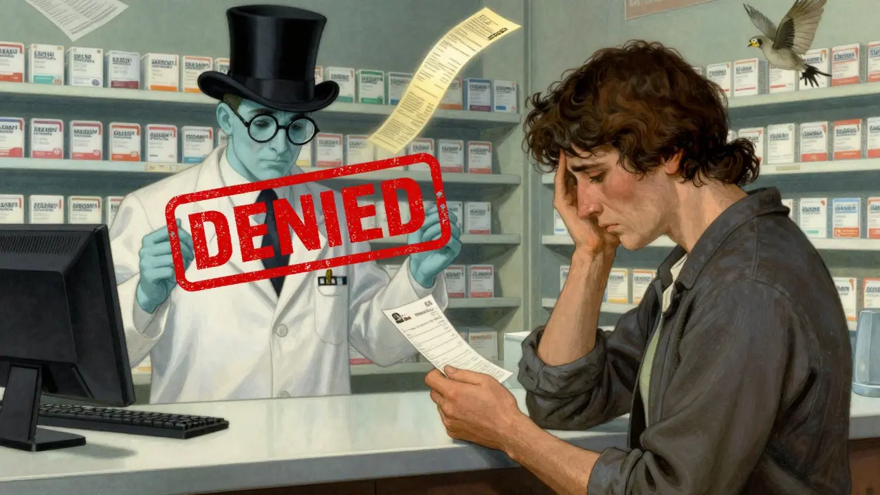 Patient denied a generic medication at the pharmacy while a shadowy insurer holds a denial stamp over the pills.
