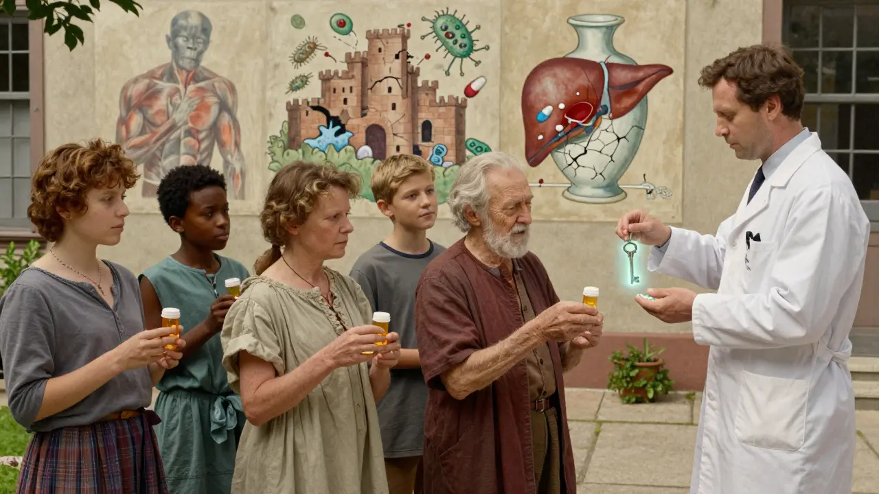 Patients hand pill bottles to a pharmacist who turns them into keys, symbolizing solutions to side effect myths.
