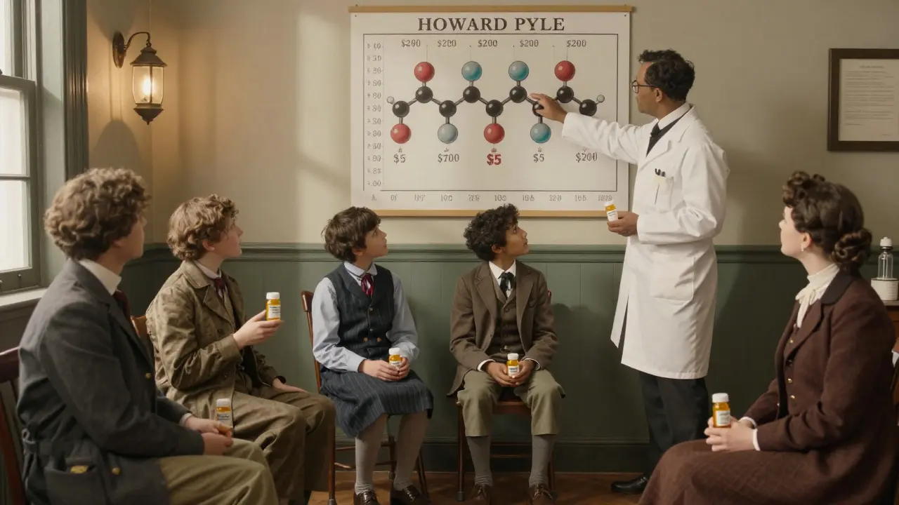 Patients in a clinic gather around a chart showing brand-name drugs with high prices versus low-cost generics.
