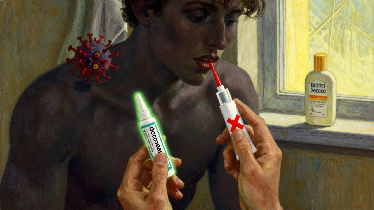 Someone choosing the correct treatment for a lip bump, with symbolic representations of virus and acne.