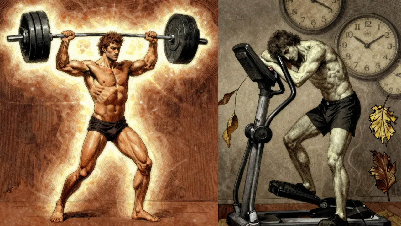 Two figures side by side: one strong and glowing lifting a barbell, the other tired on an elliptical, symbolizing muscle gain versus metabolic loss.