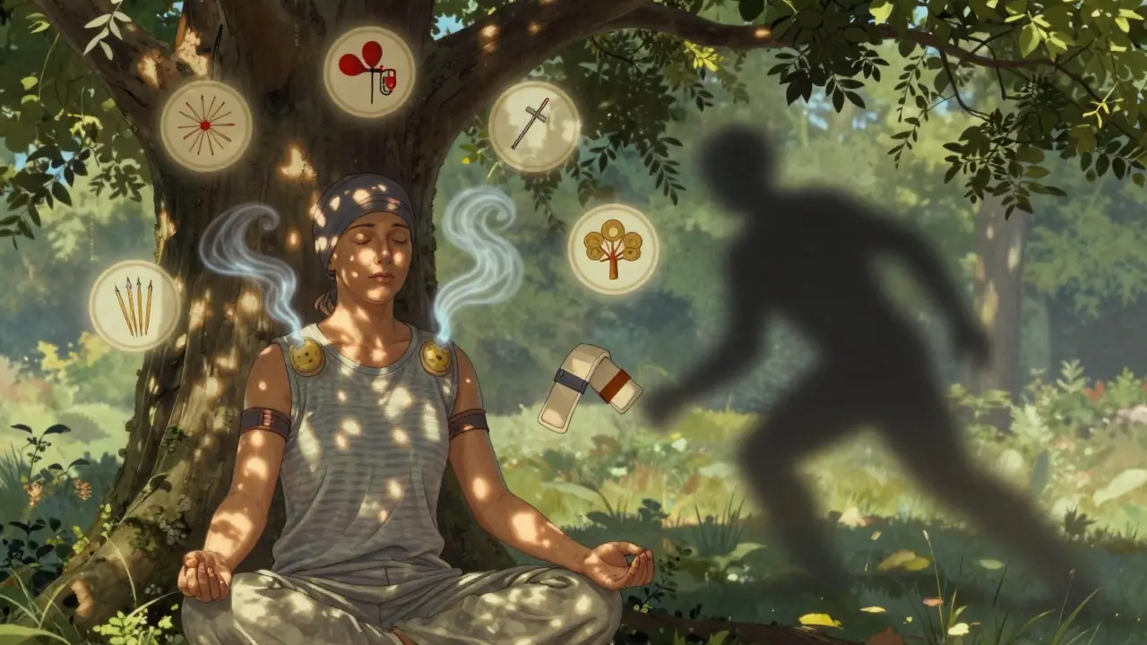 A cancer patient meditates peacefully as symbols of acupuncture, breathwork, and acupressure float around them, with darkness retreating behind.