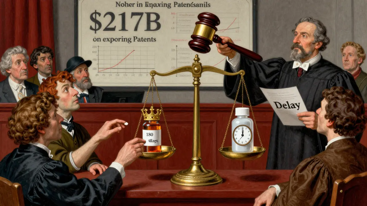 A courtroom scale balancing branded and generic pills, with patients and lawyers in a 19th-century moral allegory style.