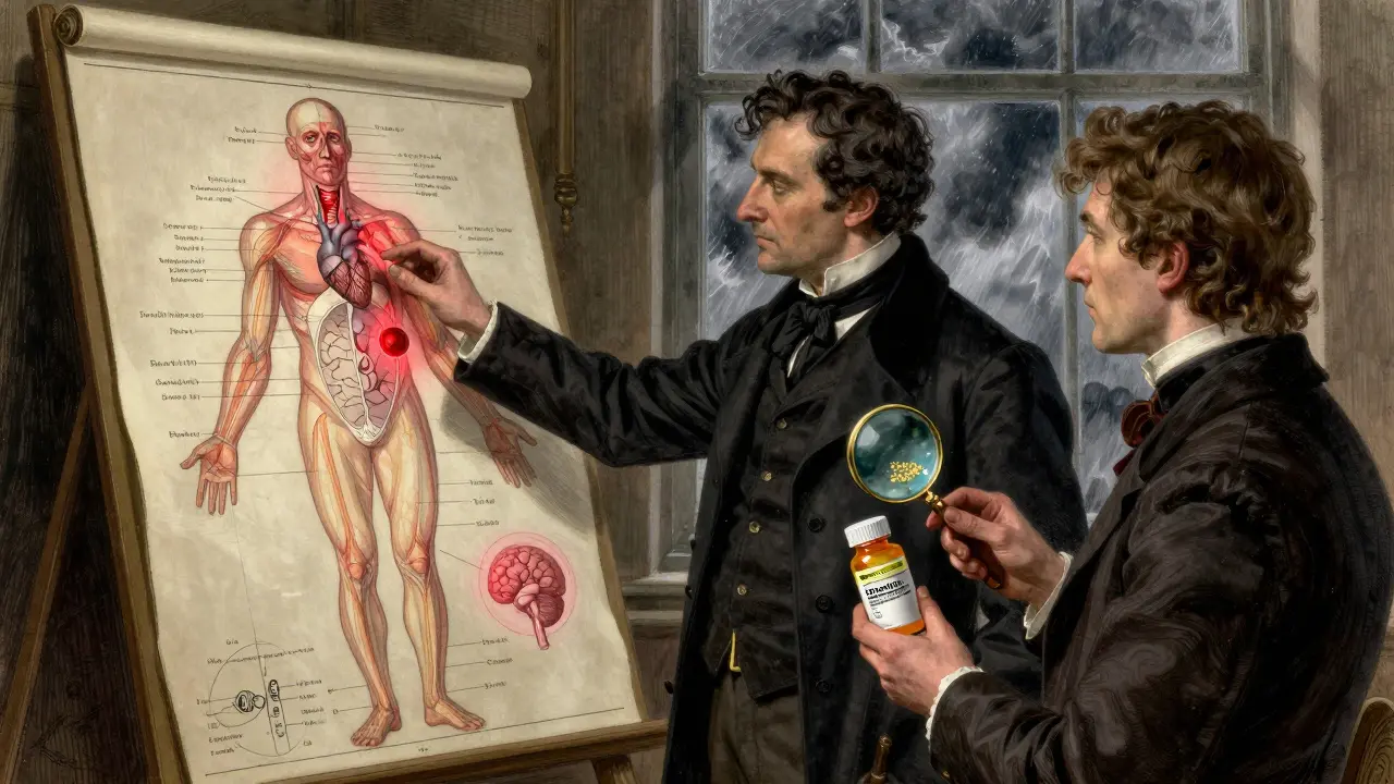 A doctor points to a detailed body chart highlighting thyroid and heart, while a patient holds brand and generic pills under a magnifying glass.