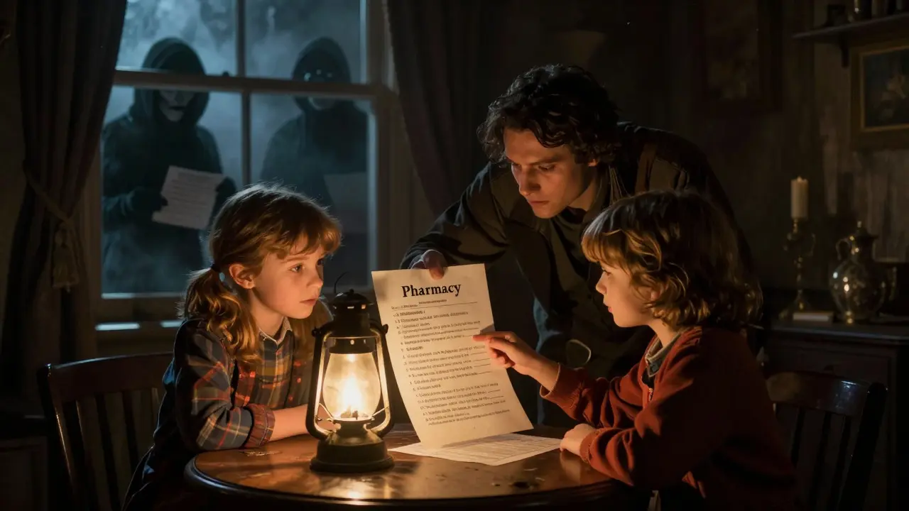 A family verifies a safe pharmacy online while shadowy scammers fade into the darkness.