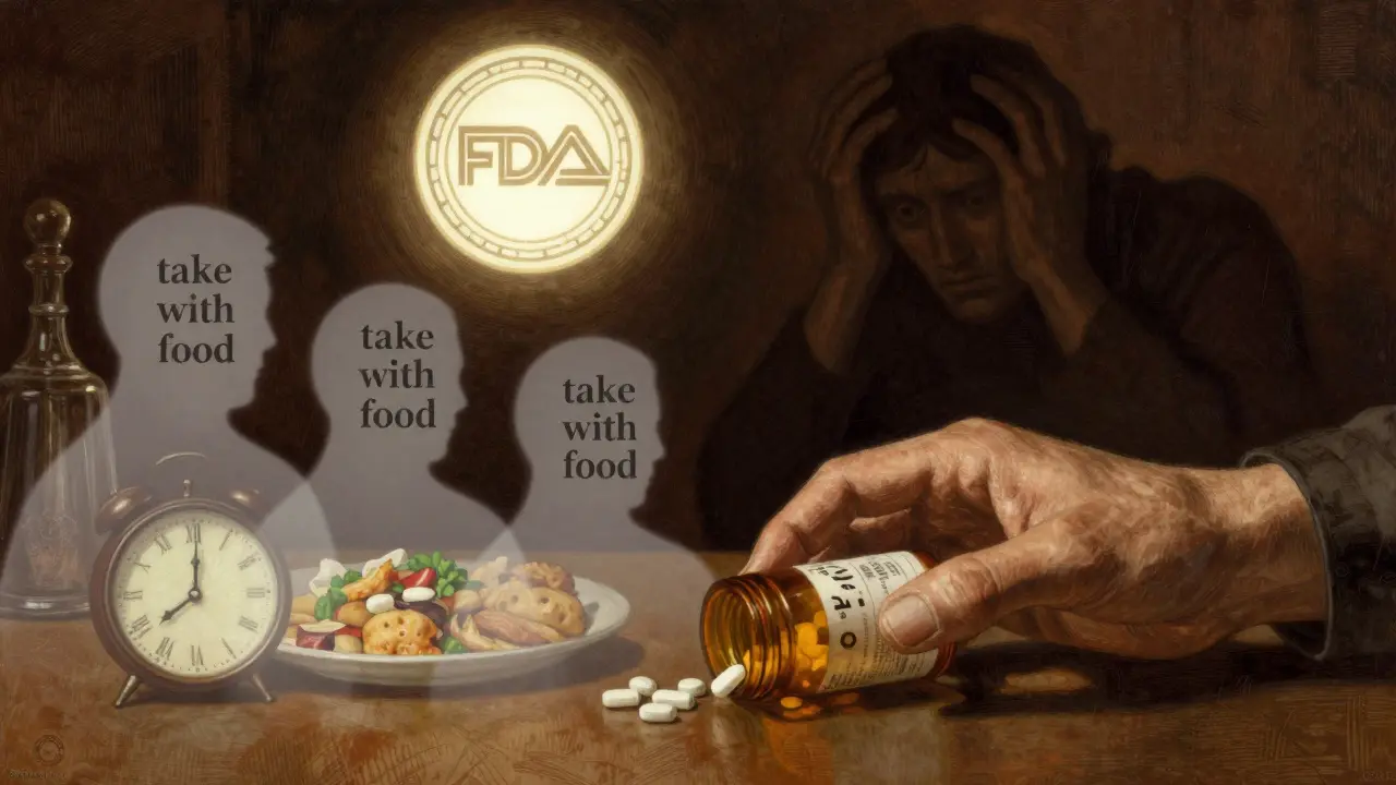 A hand reaching for a pill bottle with ghostly overlays showing different interpretations of 'take with food'.