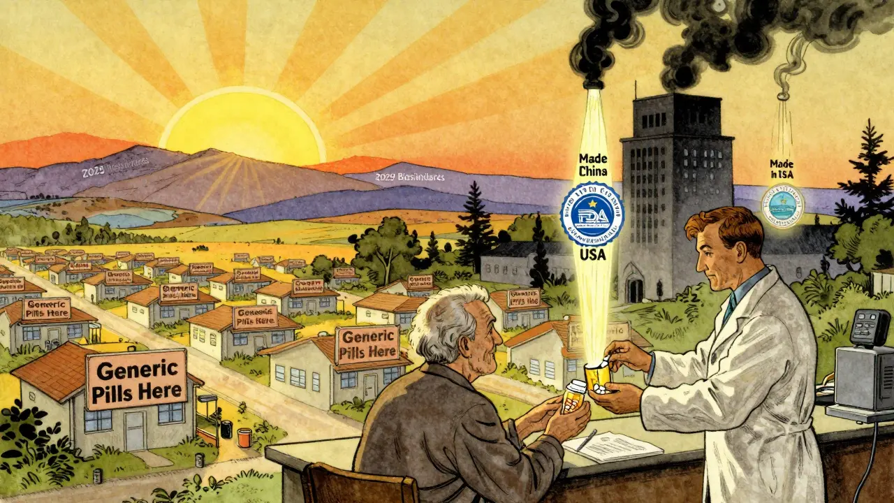 A landscape of U.S. pharmacies with a pharmacist handing pills to a patient, while a corporate tower emits two supply streams.