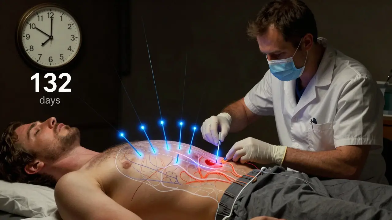 A medical specialist performs a nerve block on a patient’s abdomen, with glowing blue needles and a visual representation of reduced pain signals.