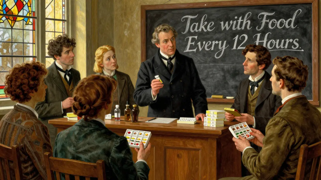 A pharmacist explaining medication labels to diverse patients in a vintage pharmacy setting.