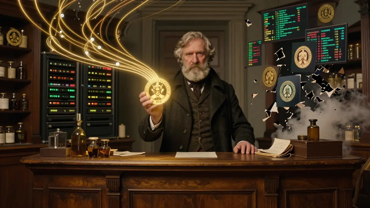 A protective pharmacist holds a VIPPS seal as corrupted online pharmacies crumble behind him.