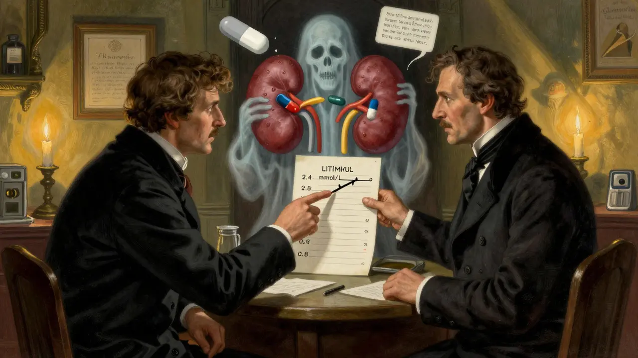 A psychiatrist points to a blood test showing dangerous lithium levels, while a ghostly kidney is crushed by conflicting pills.