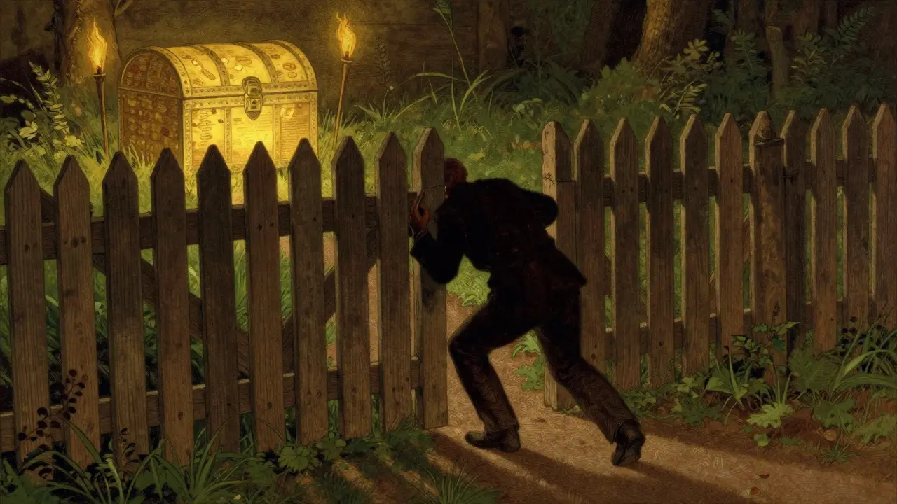 A wooden picket fence blocking a path to a glowing treasure chest.