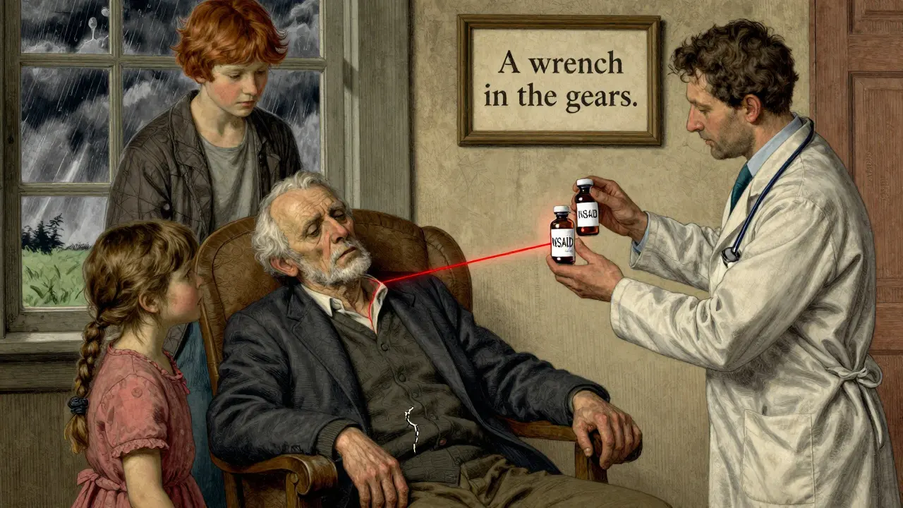 An elderly man trembles as a doctor holds vials of lithium and NSAID, with a cracked kidney glowing red in the background.