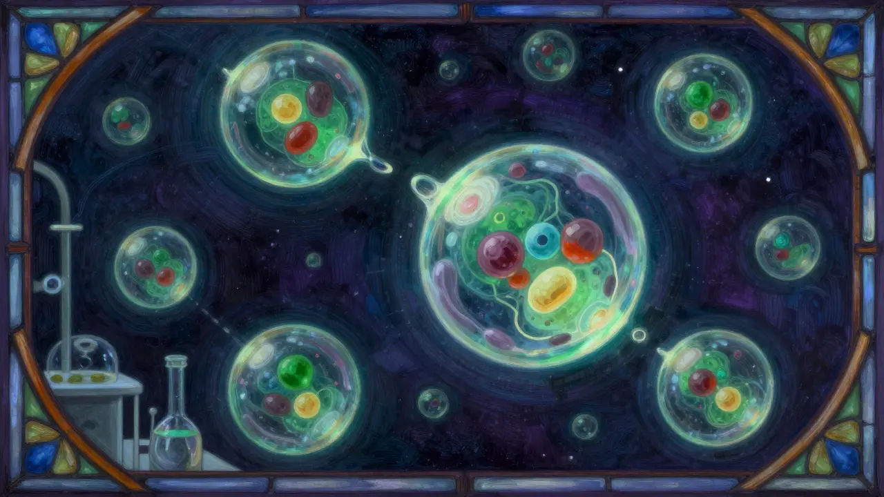 Glowing liposomal drug structures floating in artistic microscopic view.